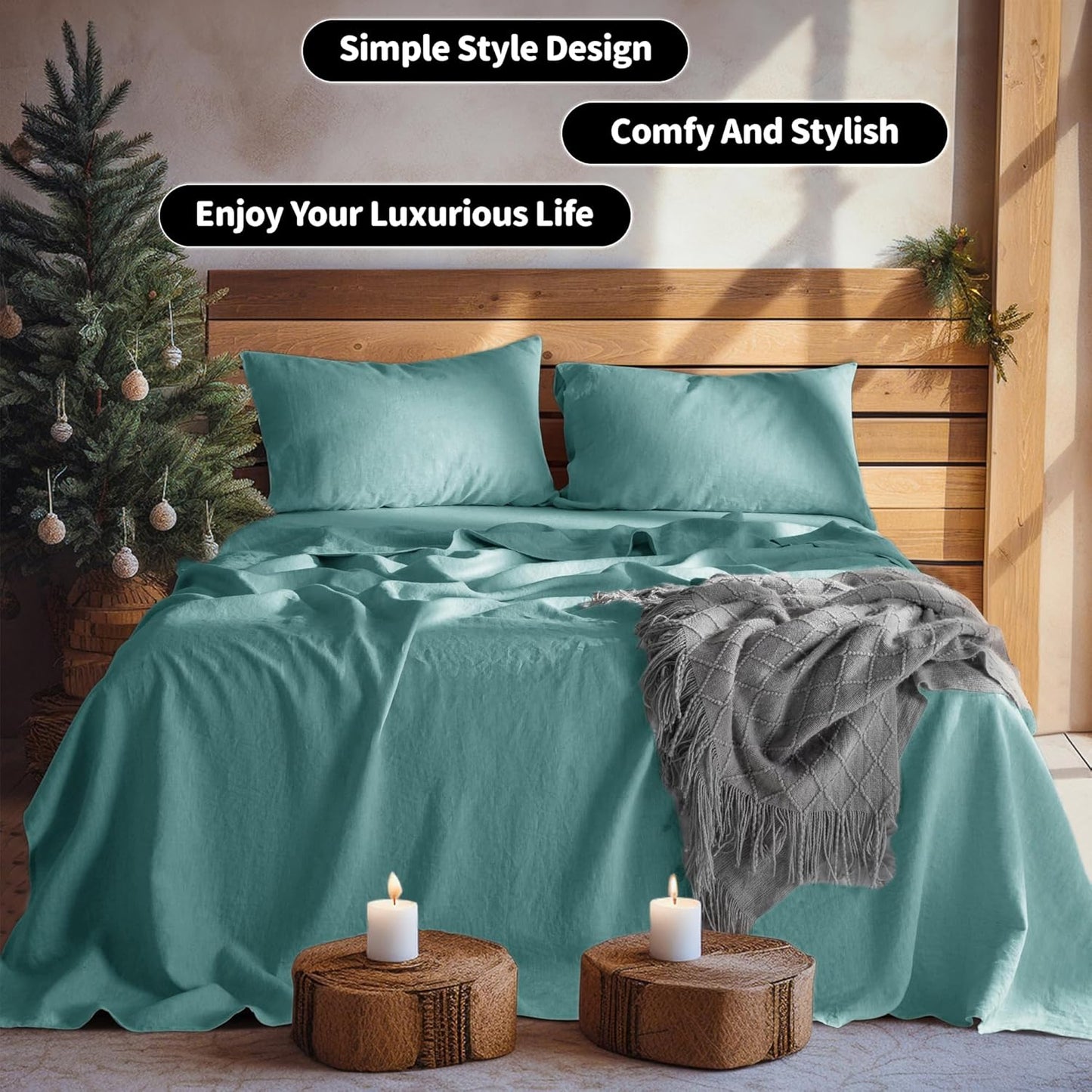 LBR02M 100% Linen Sheet Set Twin Size,Bed Sheets 3 Piece Sets,Solid Color Natural Flax Bed Sheets Soft Breathable Bedding,16" Deep Pocket,All Season (Twin, Aqua)