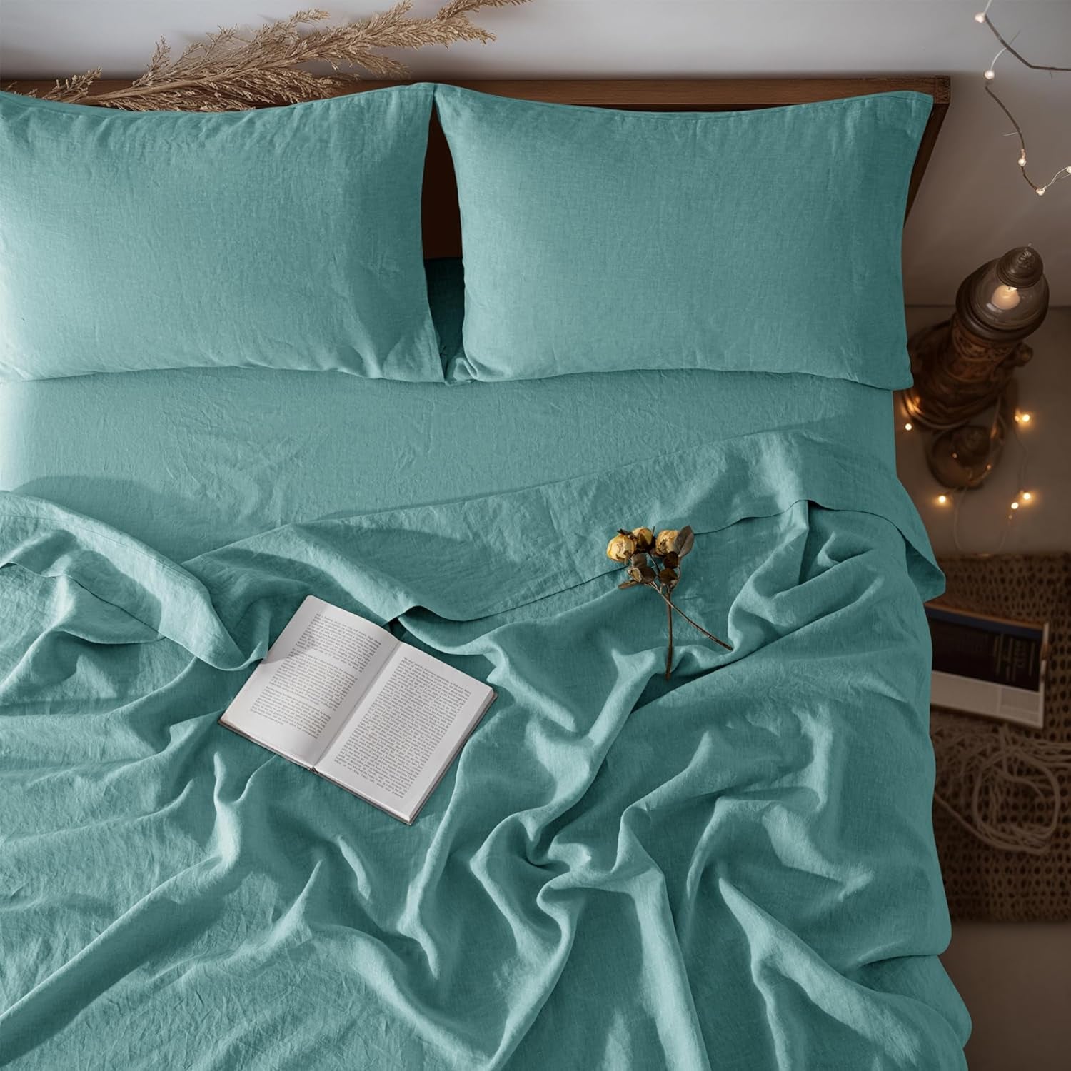 LBR02M 100% Linen Sheet Set Twin Size,Bed Sheets 3 Piece Sets,Solid Color Natural Flax Bed Sheets Soft Breathable Bedding,16" Deep Pocket,All Season (Twin, Aqua)