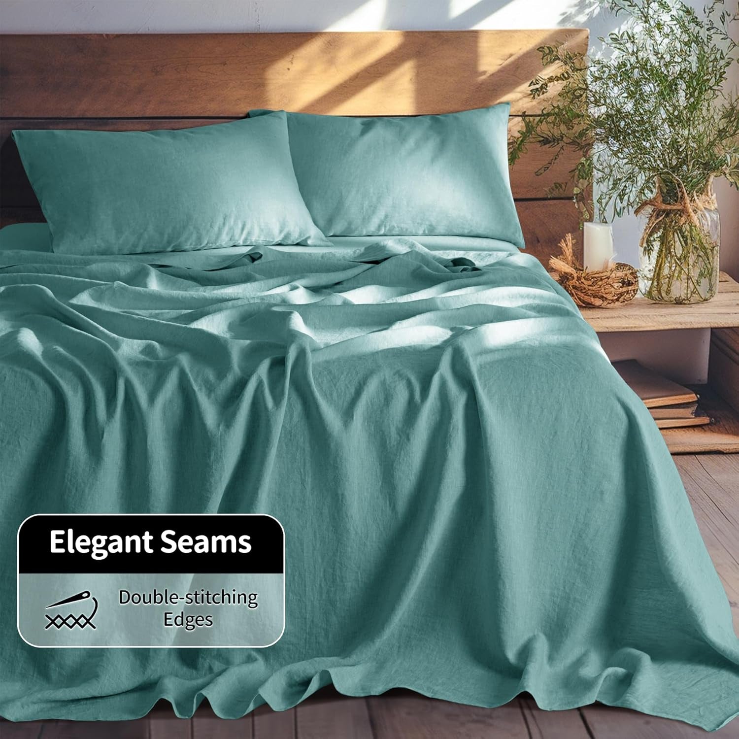 LBR02M 100% Linen Sheet Set Twin Size,Bed Sheets 3 Piece Sets,Solid Color Natural Flax Bed Sheets Soft Breathable Bedding,16" Deep Pocket,All Season (Twin, Aqua)