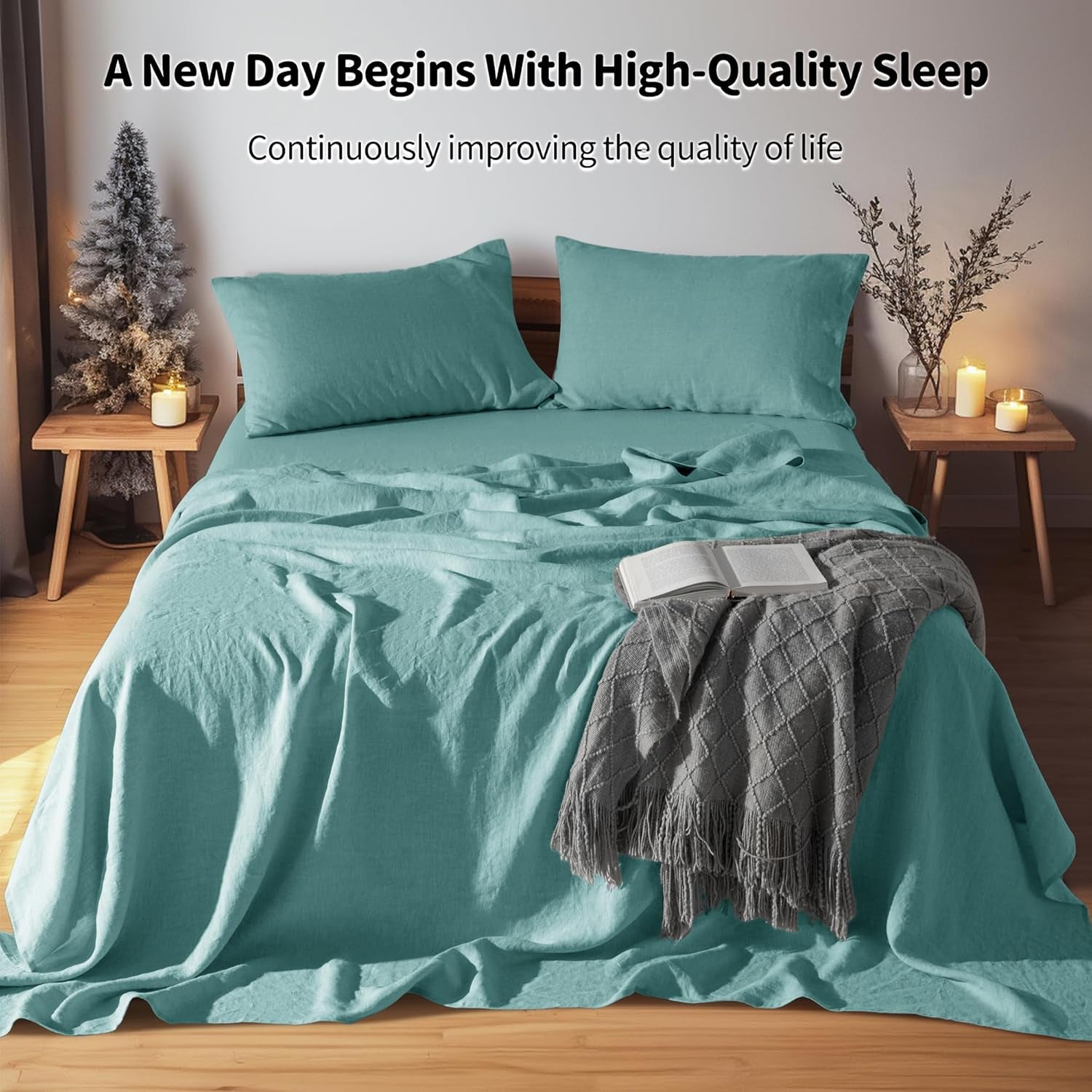 LBR02M 100% Linen Sheet Set Twin Size,Bed Sheets 3 Piece Sets,Solid Color Natural Flax Bed Sheets Soft Breathable Bedding,16" Deep Pocket,All Season (Twin, Aqua)
