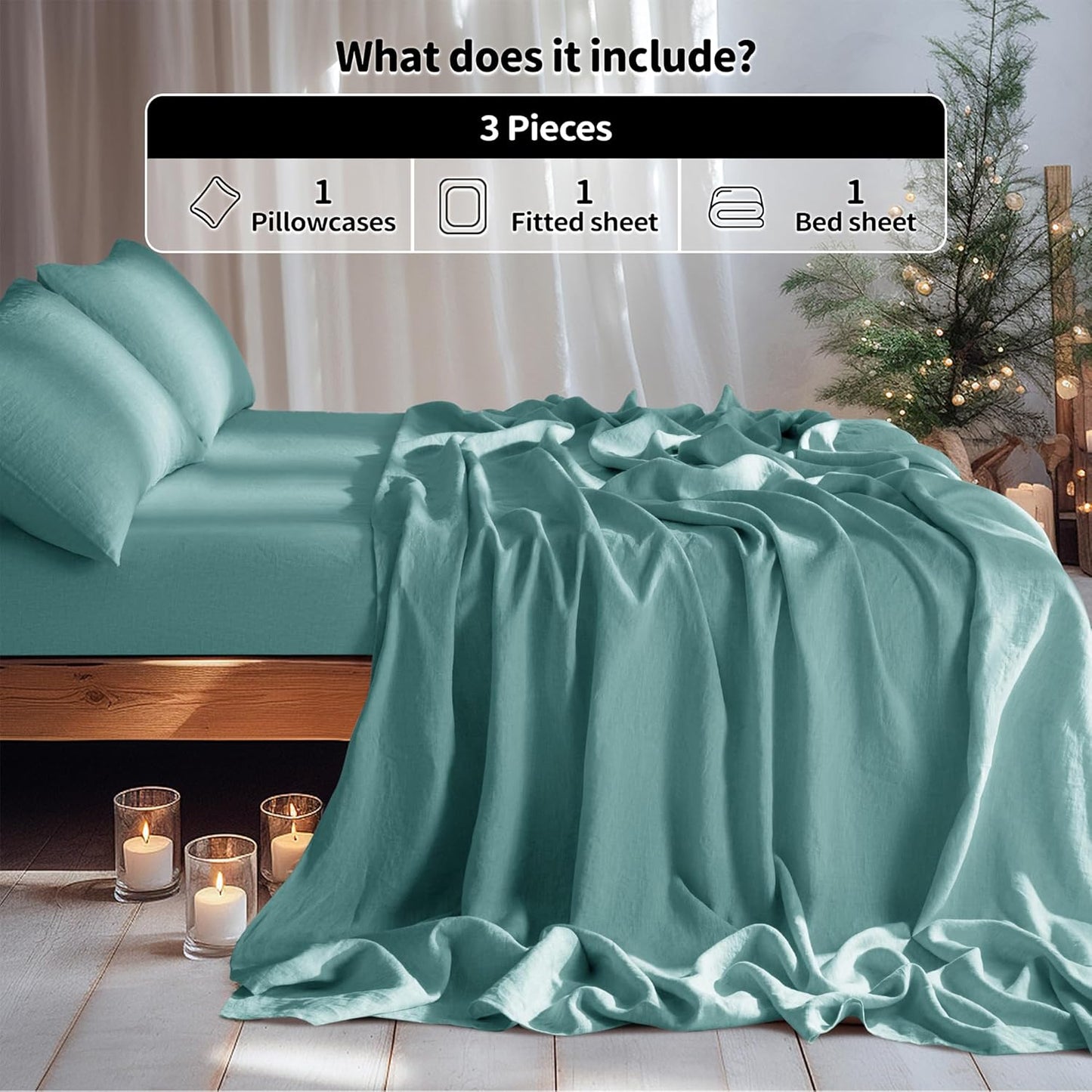 LBR02M 100% Linen Sheet Set Twin Size,Bed Sheets 3 Piece Sets,Solid Color Natural Flax Bed Sheets Soft Breathable Bedding,16" Deep Pocket,All Season (Twin, Aqua)